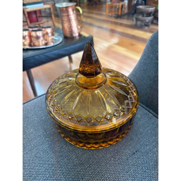 Vintage Indiana Glass Amber Gold Diamond Princess Covered Candy Dish w/ Lid - Picture 4 of 7
